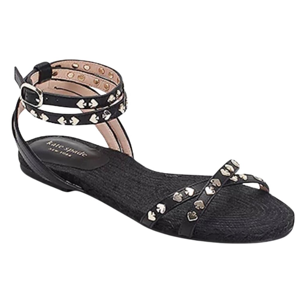 kate spade black ankle-strap sandals with gold heart studs